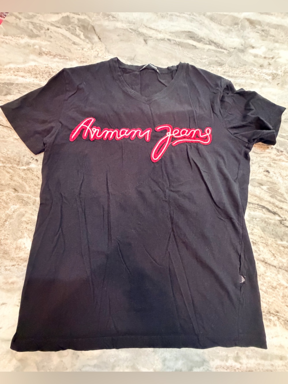 Emporio Armani Logo Tee Black Red Embroidered Graphic T Shirt Womens medium
